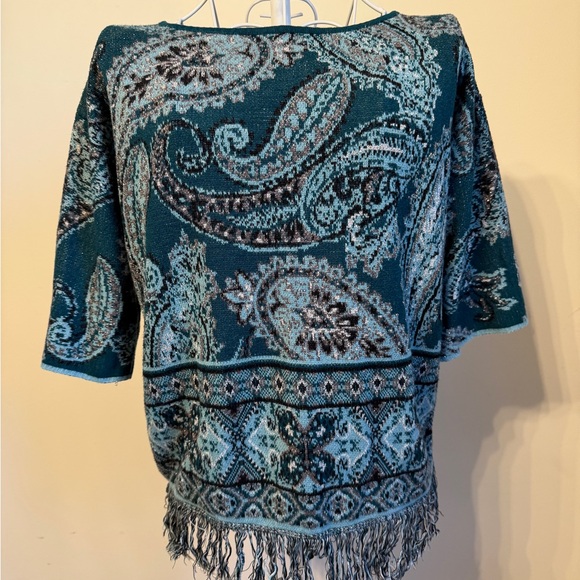 Ruby Rd. Sweaters - Ruby Rd Petite Paisley Teal Knit Top with fringe hem and silver metallic detail